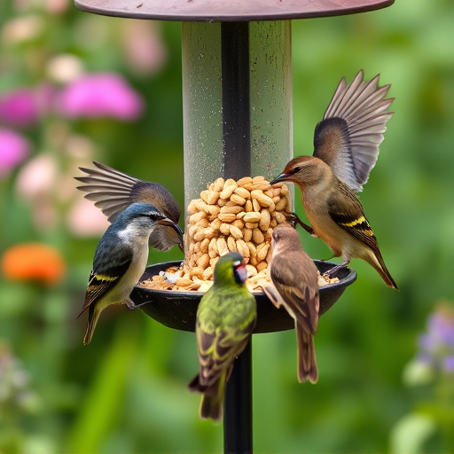 Mixed garden birds eating from peanut feeder
