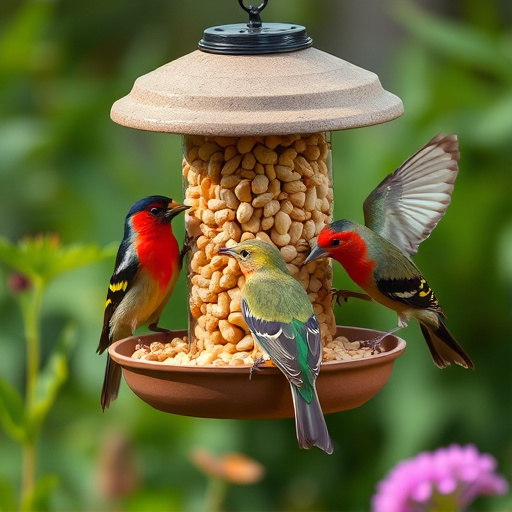 Mixed garden birds eating from peanut feeder