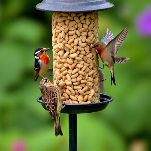 Mixed garden birds eating from peanut feeder