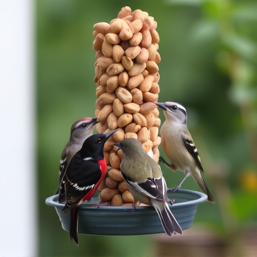 Mixed garden birds eating from peanut feeder