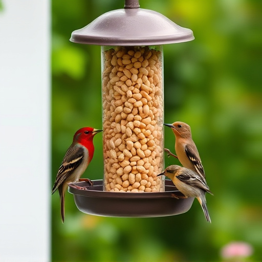Mixed garden birds eating from peanut feeder