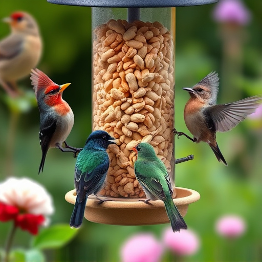 Mixed garden birds eating from peanut feeder
