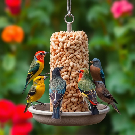 Mixed garden birds eating from peanut feeder