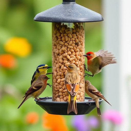 Mixed garden birds eating from peanut feeder