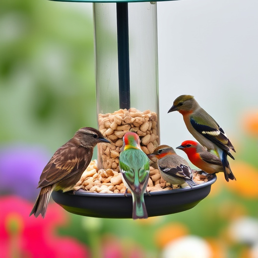 Mixed garden birds eating from peanut feeder