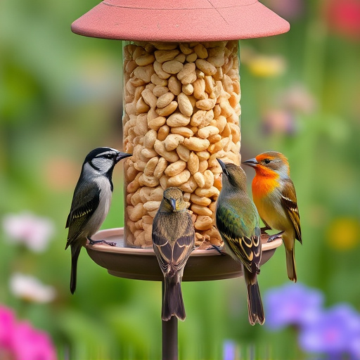 Mixed garden birds eating from peanut feeder