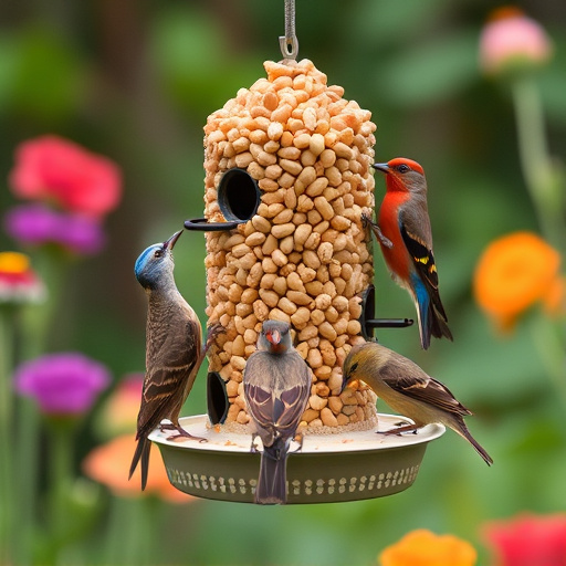 Mixed garden birds eating from peanut feeder