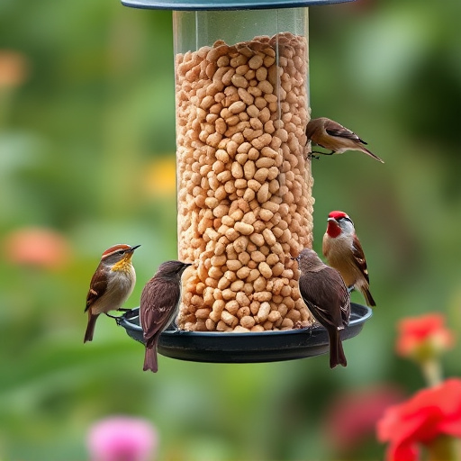 Mixed garden birds eating from peanut feeder