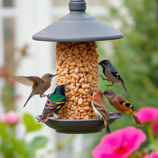 Mixed garden birds eating from peanut feeder