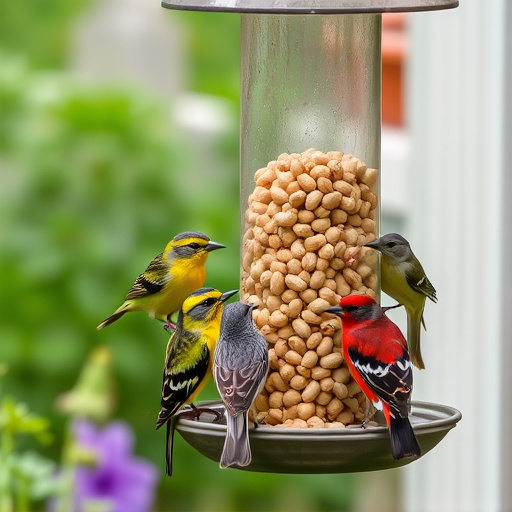 Mixed garden birds eating from peanut feeder