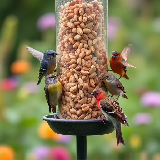 Mixed garden birds eating from peanut feeder