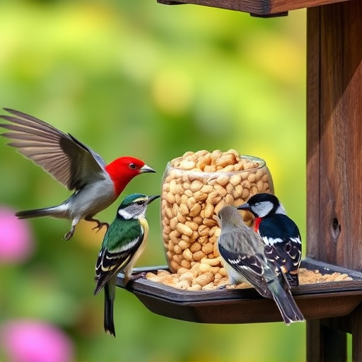 Mixed garden birds eating from peanut feeder
