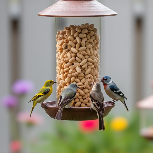 Mixed garden birds eating from peanut feeder