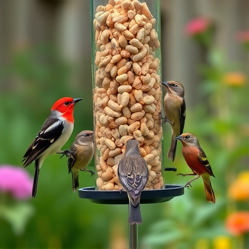 Mixed garden birds eating from peanut feeder