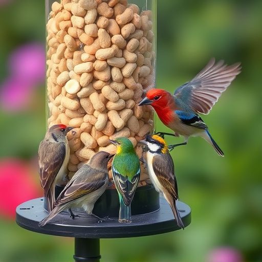 Mixed garden birds eating from peanut feeder