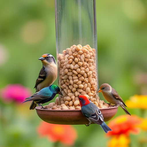 Mixed garden birds eating from peanut feeder