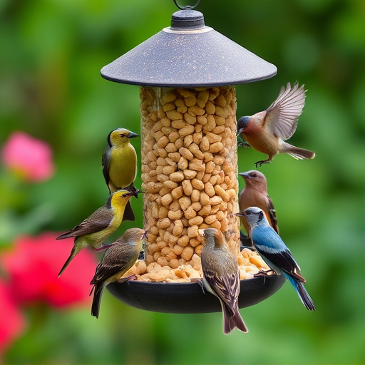 Mixed garden birds eating from peanut feeder