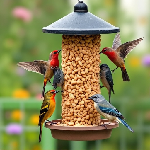 Mixed garden birds eating from peanut feeder