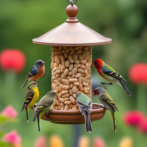 Mixed garden birds eating from peanut feeder