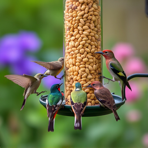 Mixed garden birds eating from peanut feeder