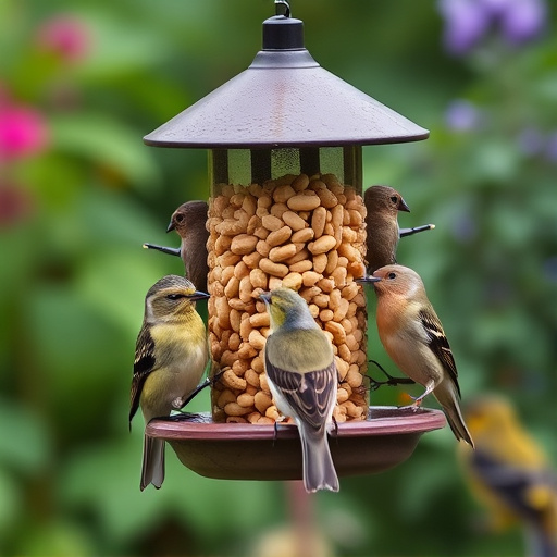 Mixed garden birds eating from peanut feeder