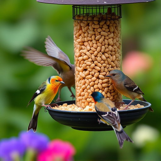 Mixed garden birds eating from peanut feeder