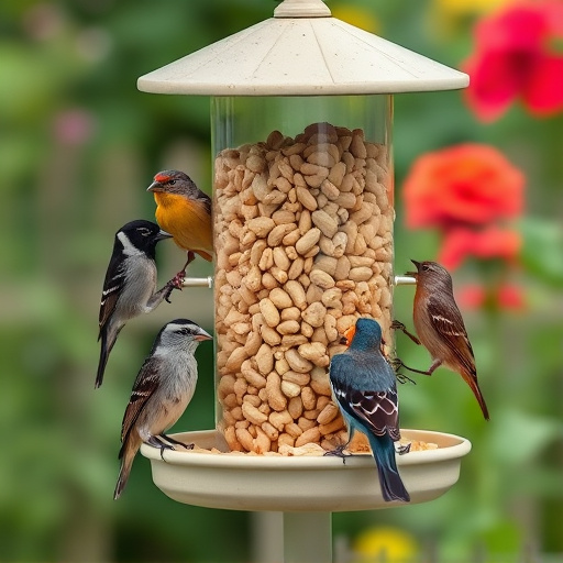 Mixed garden birds eating from peanut feeder