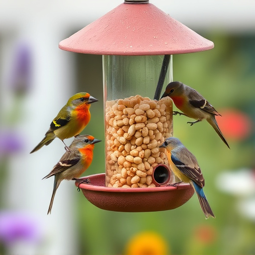 Mixed garden birds eating from peanut feeder