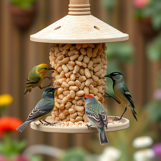 Mixed garden birds eating from peanut feeder