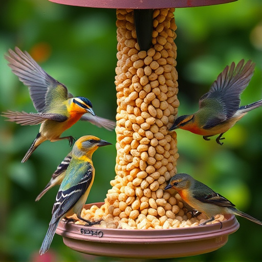 Mixed garden birds eating from peanut feeder