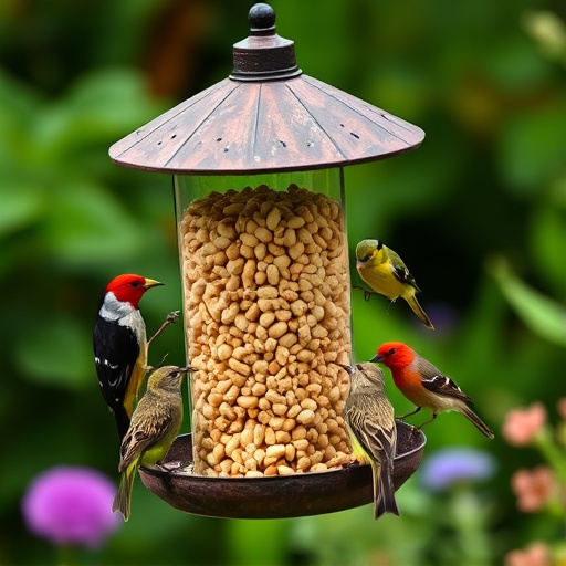 Mixed garden birds eating from peanut feeder