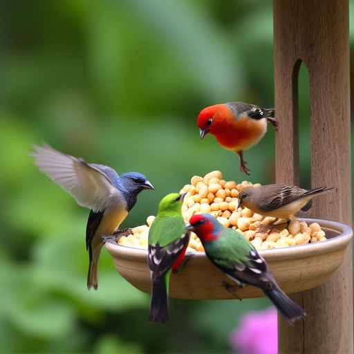 Mixed garden birds eating from peanut feeder