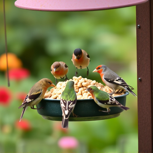 Mixed garden birds eating from peanut feeder