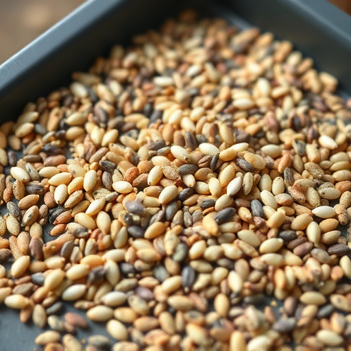 Mixed seed scattered on feeding tray
