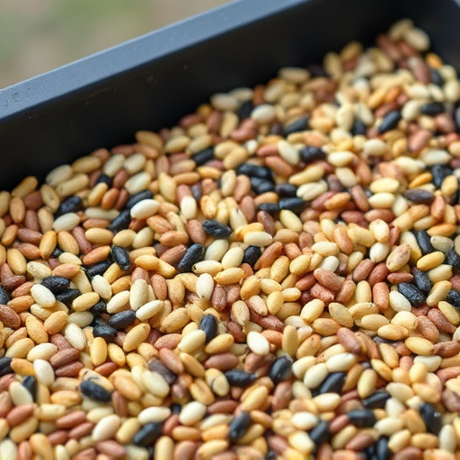 Mixed seed scattered on feeding tray