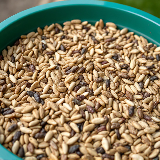 Mixed seed scattered on feeding tray