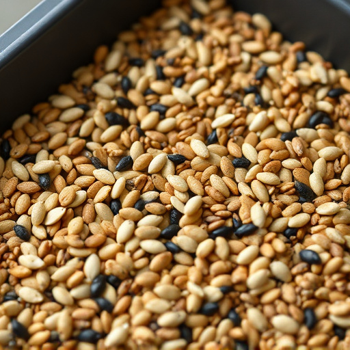 Mixed seed scattered on feeding tray