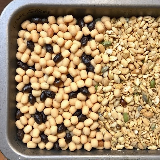 Mixed seeds and suet pellets in tray