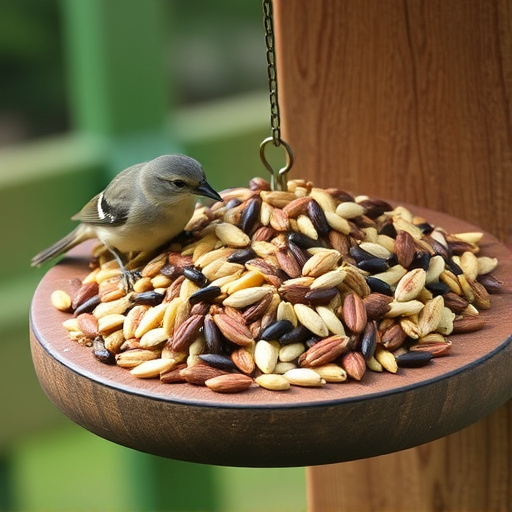 Mixed seeds on a wooden bird table
