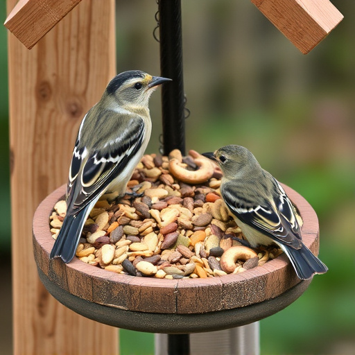 Mixed seeds on a wooden bird table