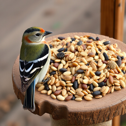 Mixed seeds on a wooden bird table