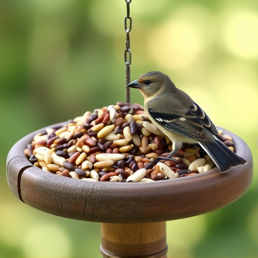 Mixed seeds on a wooden bird table