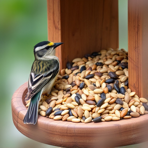 Mixed seeds on a wooden bird table