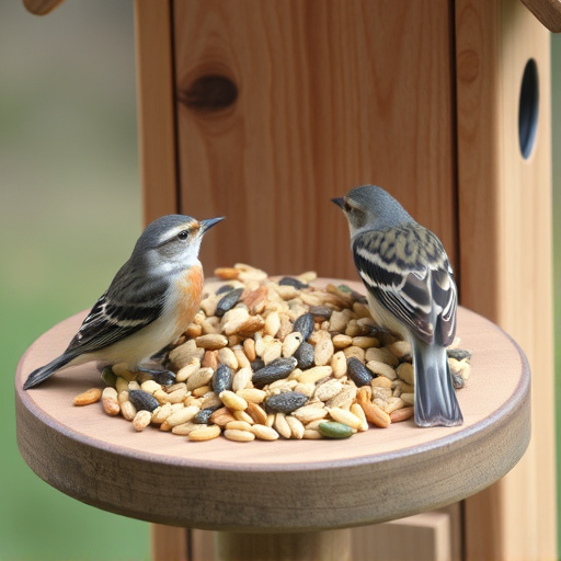 Mixed seeds on a wooden bird table