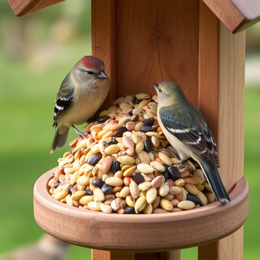 Mixed seeds on a wooden bird table