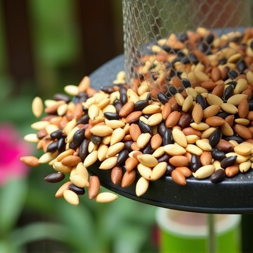 Mixed seeds spilled on garden feeder