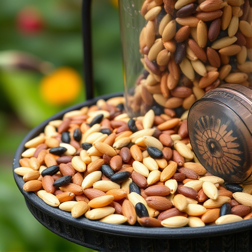 Mixed seeds spilled on garden feeder