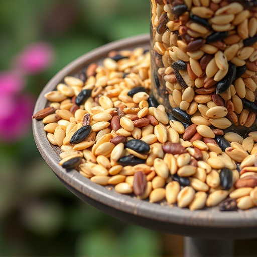 Mixed seeds spilled on garden feeder