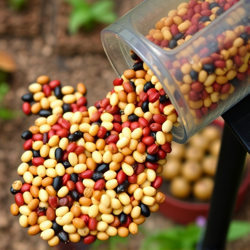 Mixed seeds spilling from garden feeder