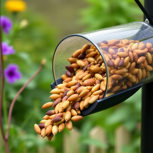 Mixed seeds spilling from garden feeder